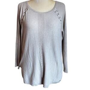 Calvin Klein Beige Ribbed with Lacing Detail Scoop Neck Knit Sweater - Large